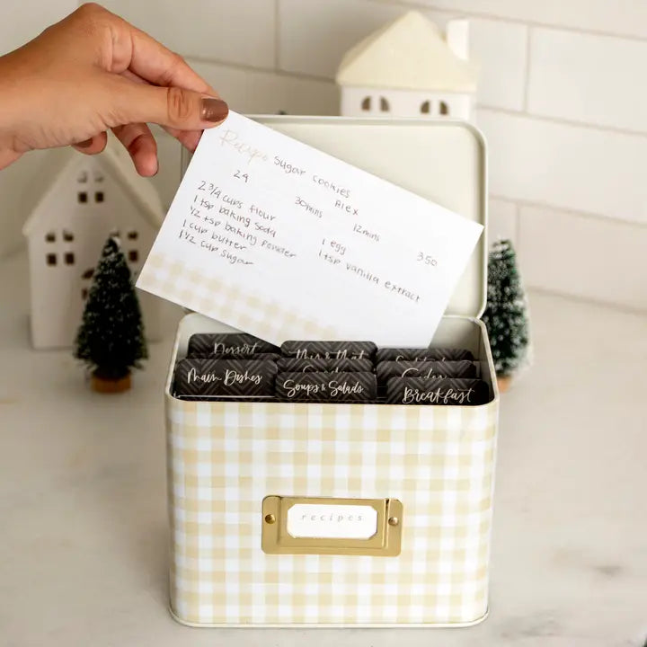 Tin Recipe Box - Beige Gingham