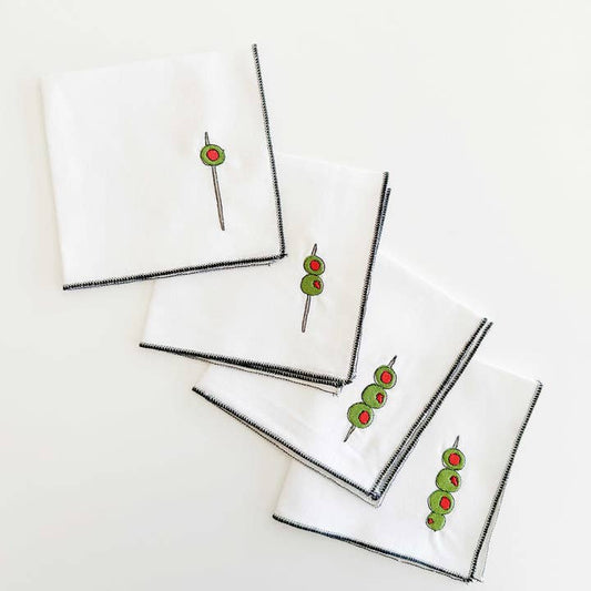 Embroidered Cocktail Napkins - Martini Olive