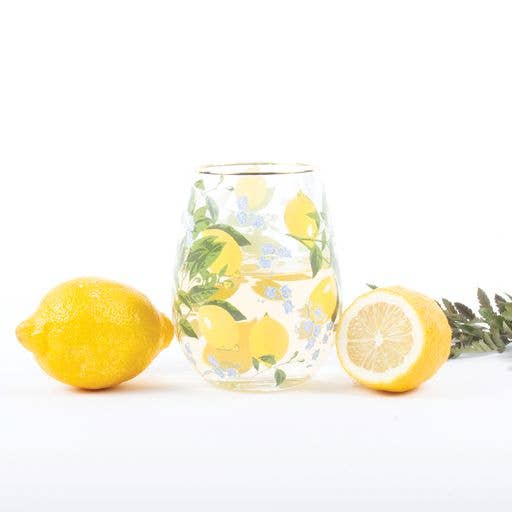 Lemon Floral Stemless Wine Glass