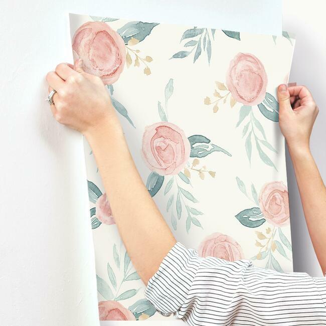 Magnolia Home Watercolor Roses Wallpaper - Red Coral