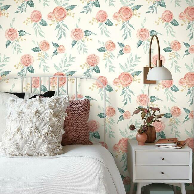 Magnolia Home Watercolor Roses Wallpaper - Red Coral