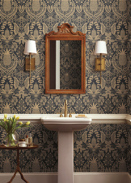 Rifle Paper Co Pineapple Damask Wallpaper - Black & Gold