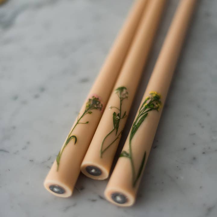 Floral Inlaid Tapered Candles - Set of 3