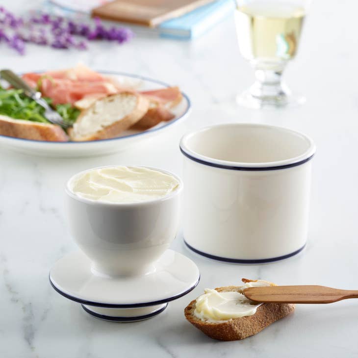 Le Bistro Butter Bell Crock - White with Blue Trim