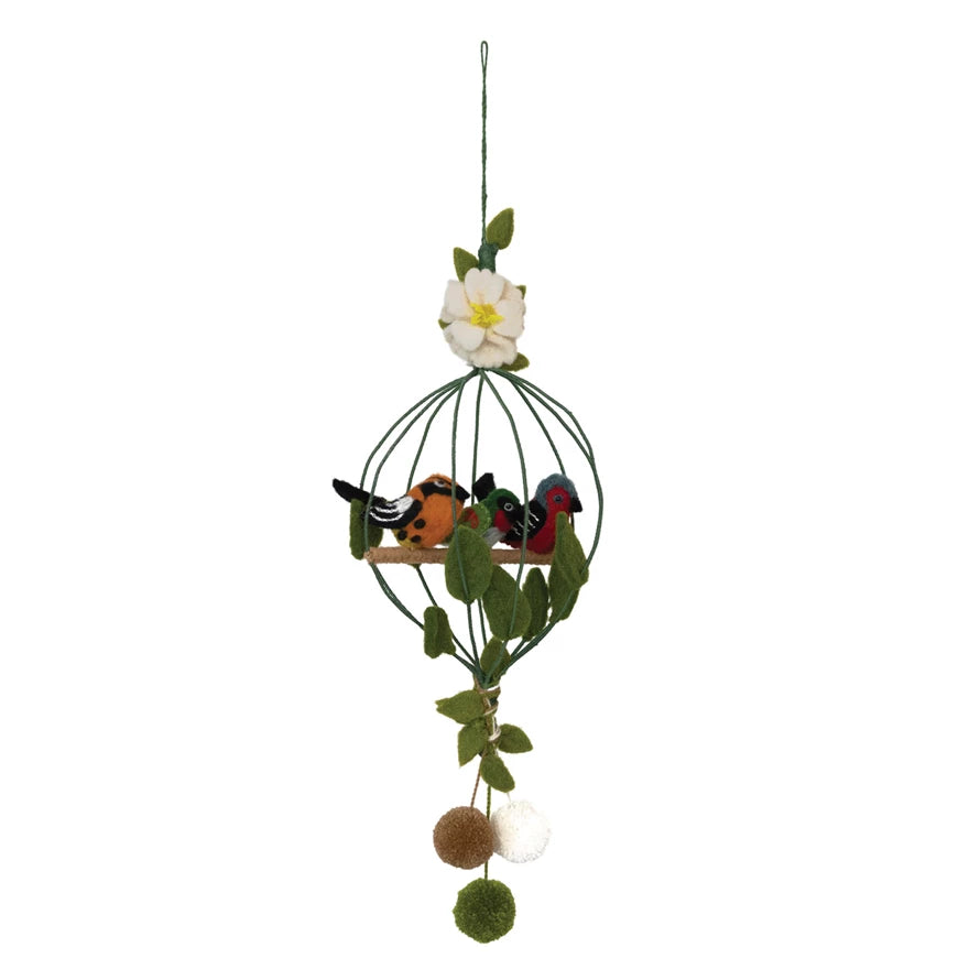 Wool Felt Bird Cage Mobile - Three Birds