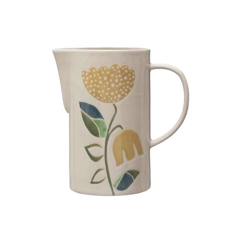 Stoneware Pitcher - Wax Relief Flowers