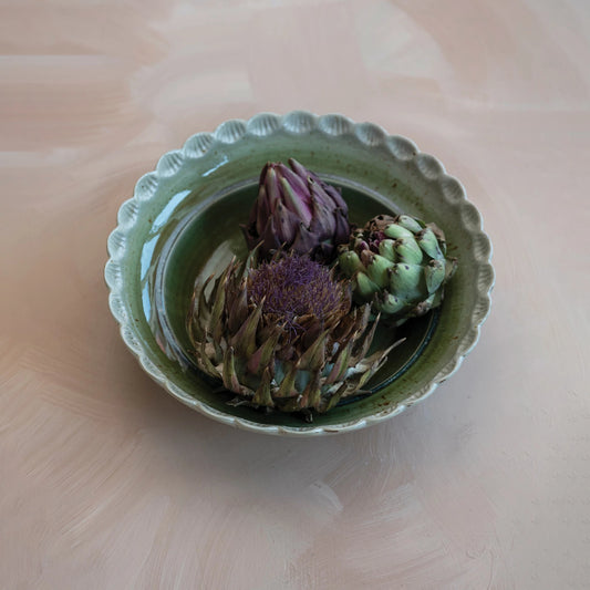 Stoneware Scalloped Bowl - Green Speckled
