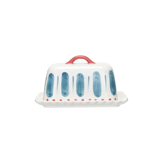Hand Painted Butter Dish - Blue & Red