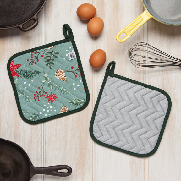 Pot Holder Oven Mitt Set - Poinsettia