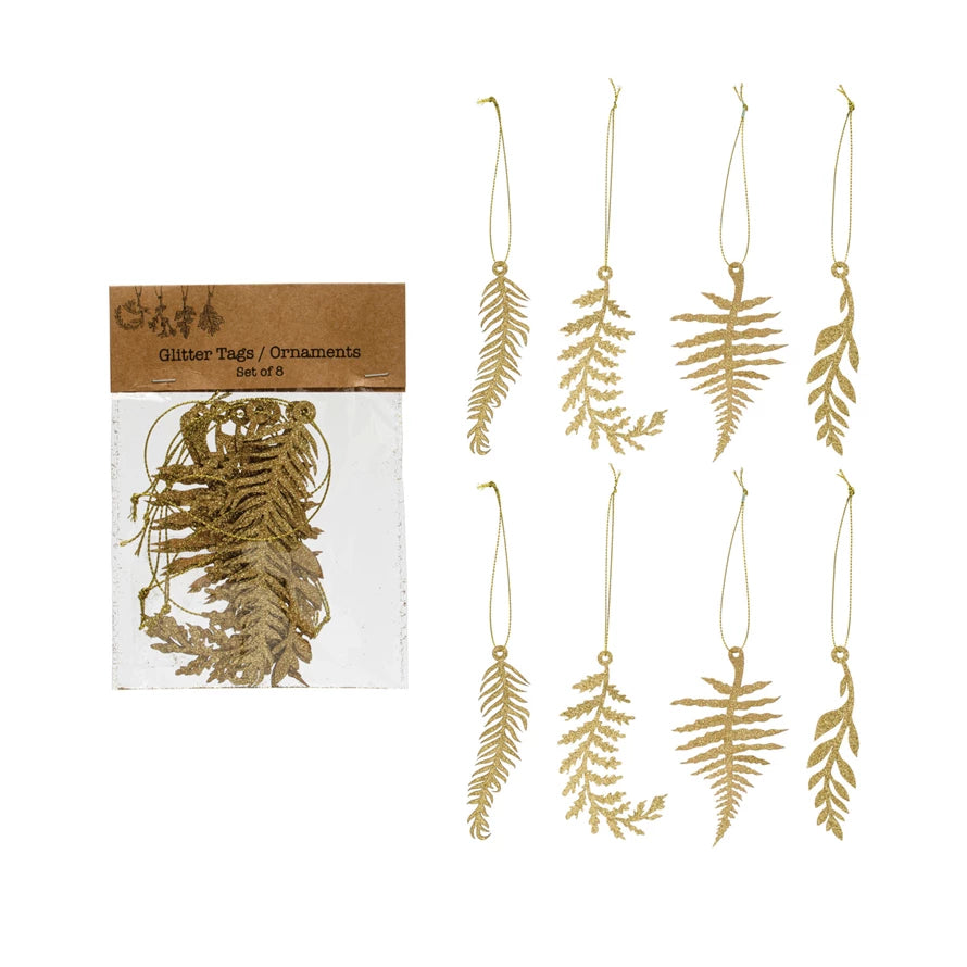 Gold Glitter Leaf Ornament Set