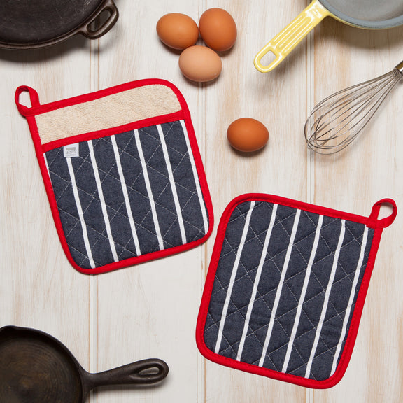 Pot Holder Oven Mitt Set - Butcher Stripe