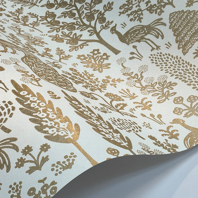Rifle Paper Co Menagerie Toile Wallpaper - White & Metallic Gold