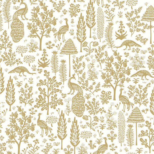 Rifle Paper Co Menagerie Toile Wallpaper - White & Metallic Gold