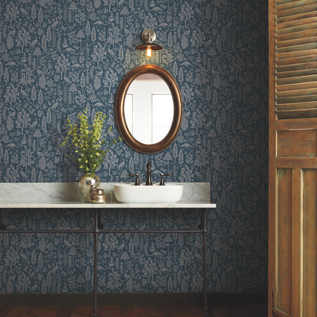 Rifle Paper Co Menagerie Toile Wallpaper - Navy & Metallic Silver
