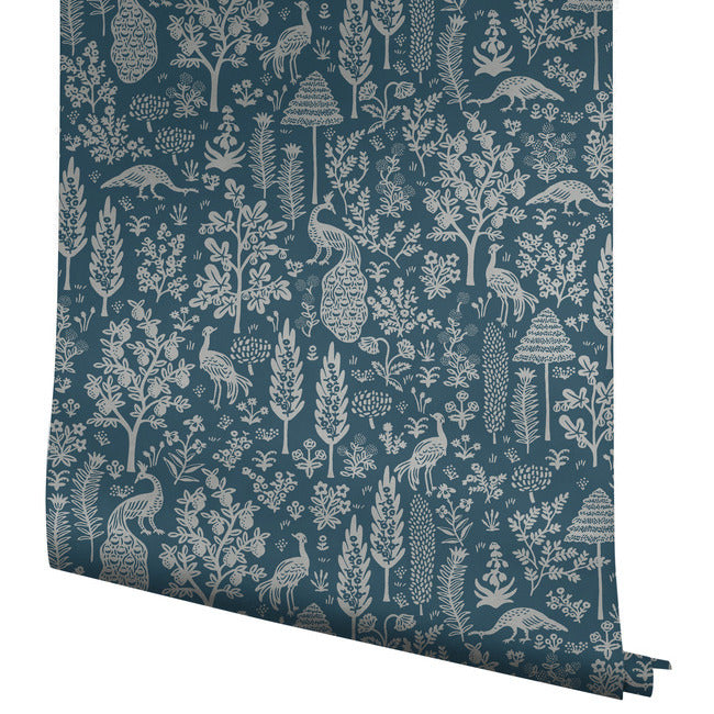 Rifle Paper Co Menagerie Toile Wallpaper - Navy & Metallic Silver