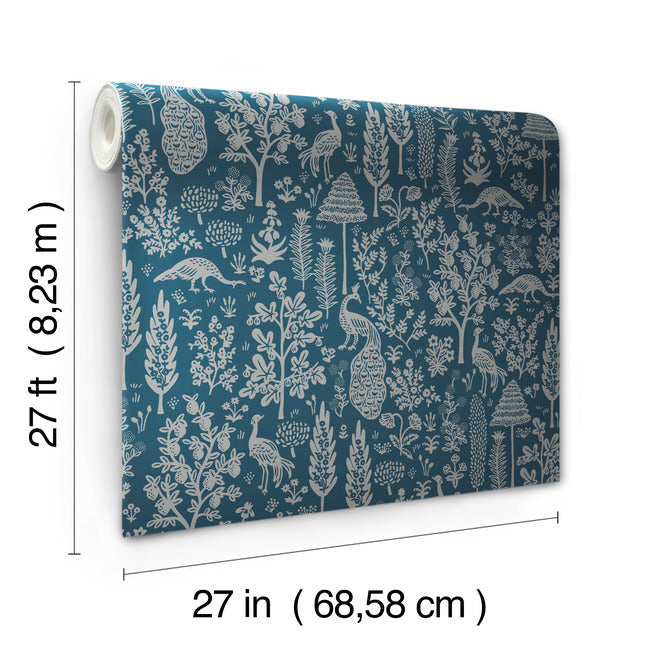 Rifle Paper Co Menagerie Toile Wallpaper - Navy & Metallic Silver