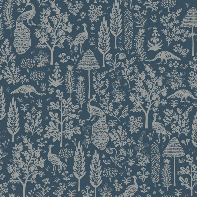 Rifle Paper Co Menagerie Toile Wallpaper - Navy & Metallic Silver