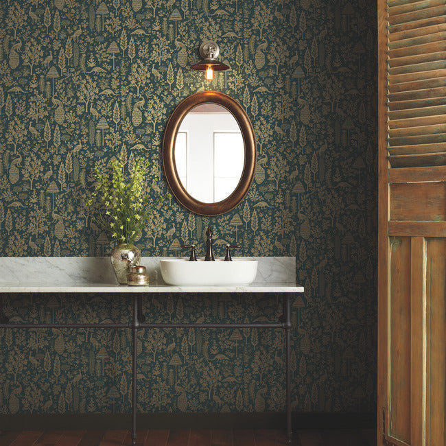 Rifle Paper Co Menagerie Toile Wallpaper - Emerald & Metallic Gold