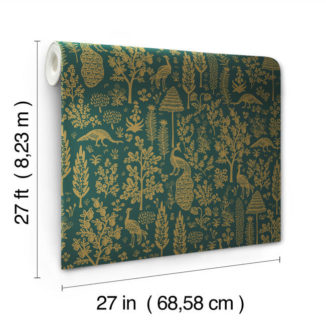 Rifle Paper Co Menagerie Toile Wallpaper - Emerald & Metallic Gold