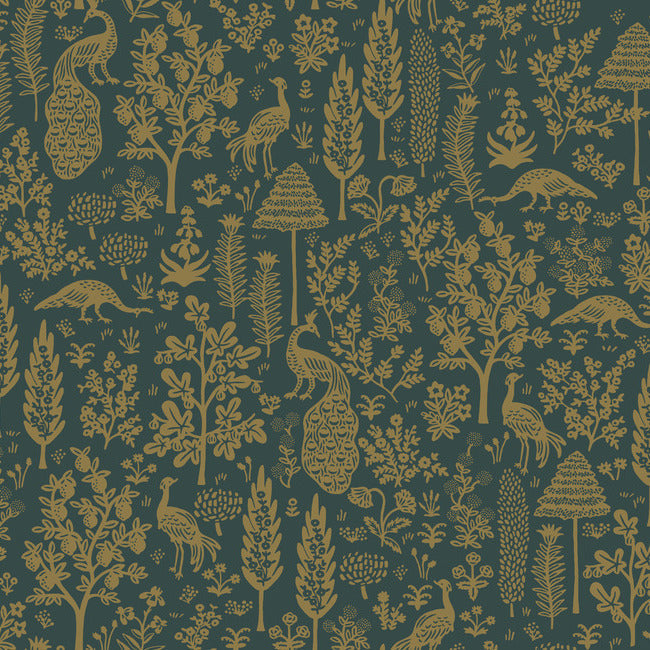 Rifle Paper Co Menagerie Toile Wallpaper - Emerald & Metallic Gold