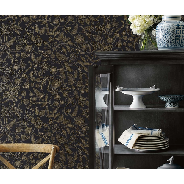 Rifle Paper Co Aviary Peel & Stick Wallpaper - Metallic Gold & Black