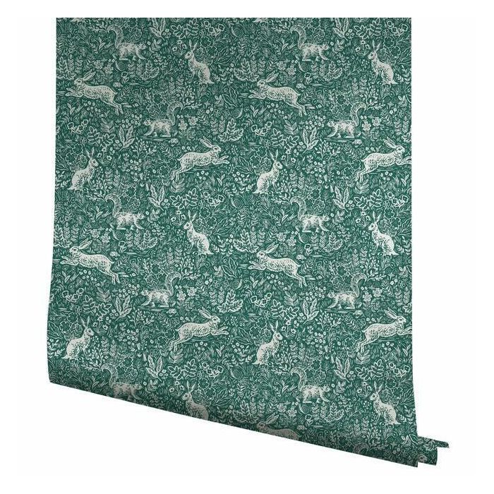 Rifle Paper Co Fable Wallpaper - Emerald & Metallic Silver