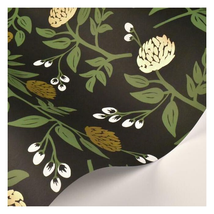 Rifle Paper Co Peonies Wallpaper - Black & Metallic Gold