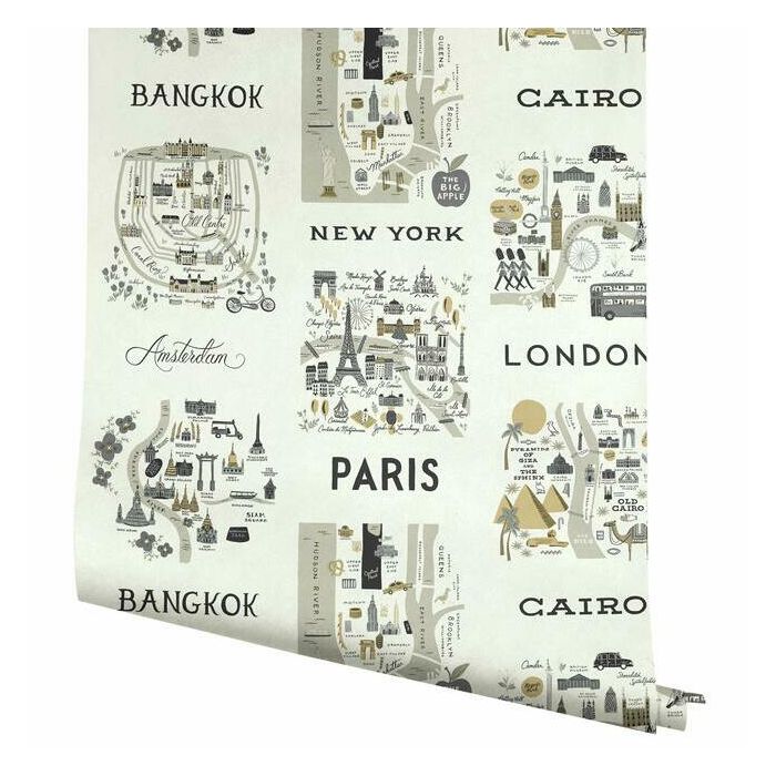 Rifle Paper Co City Maps Wallpaper - Grey & Gold