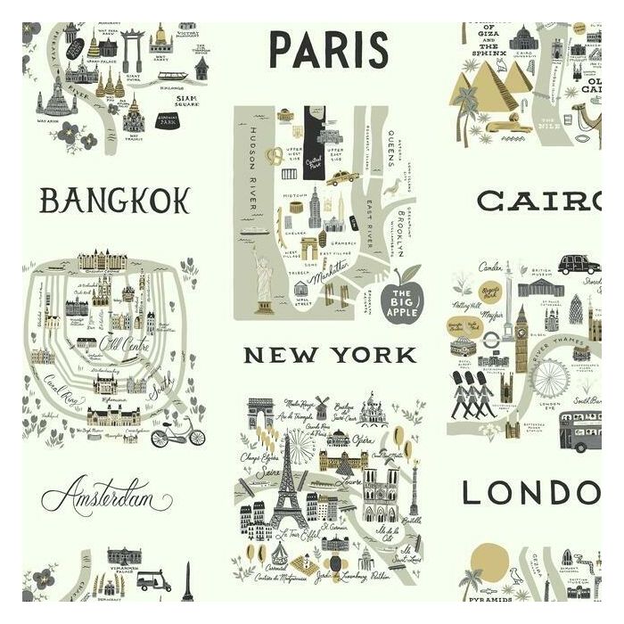 Rifle Paper Co City Maps Wallpaper - Grey & Gold