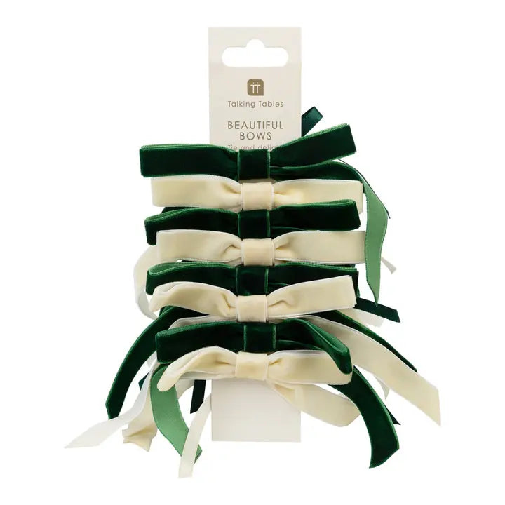 Green & Cream Velvet Bows - 8 Pack