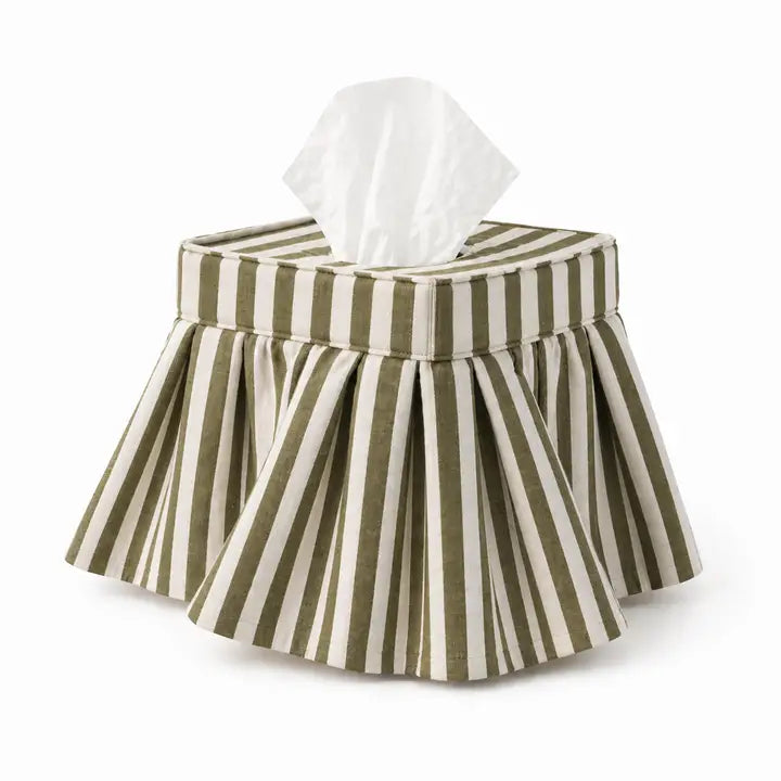 Skirted Linen Tissue Box Cover - Olive Green Awning Stripe