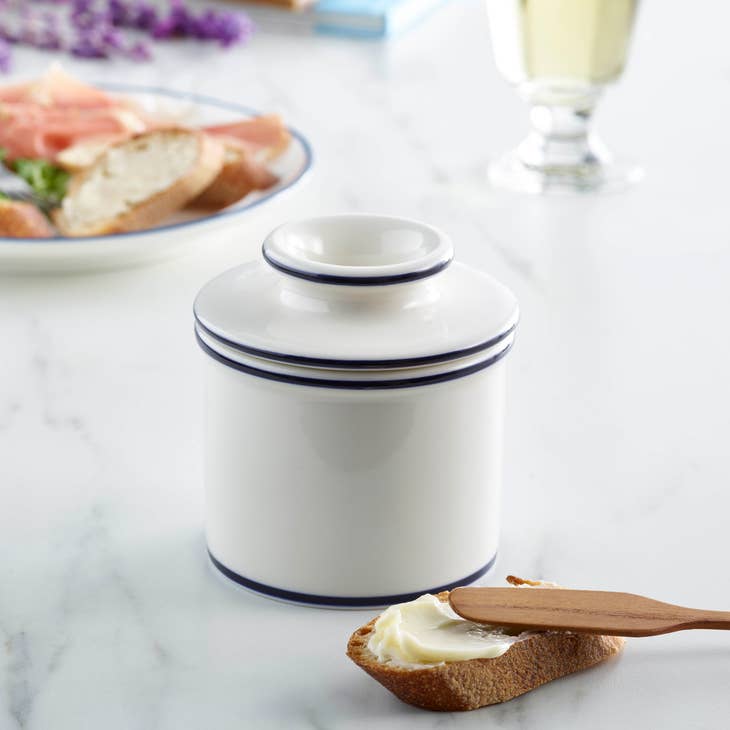 Le Bistro Butter Bell Crock - White with Blue Trim