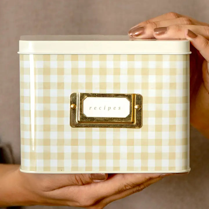 Tin Recipe Box - Beige Gingham