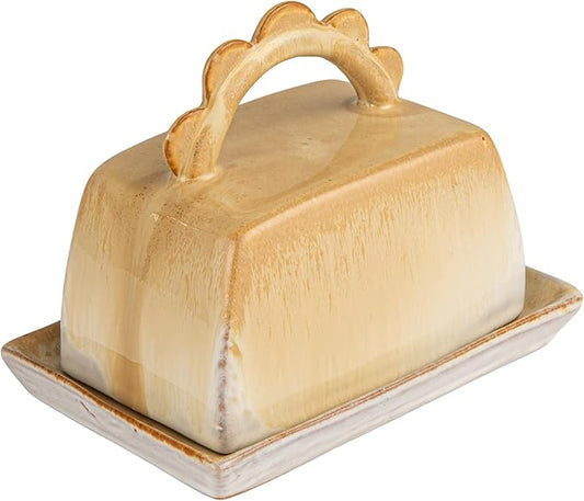 Stoneware Butter Dish with Scalloped Handle - Caramel