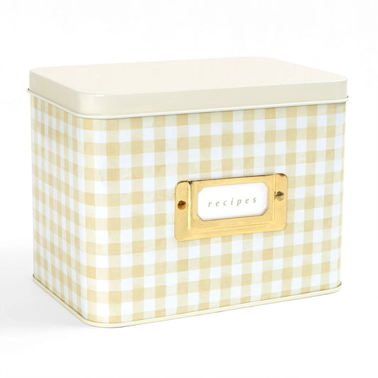Tin Recipe Box - Beige Gingham