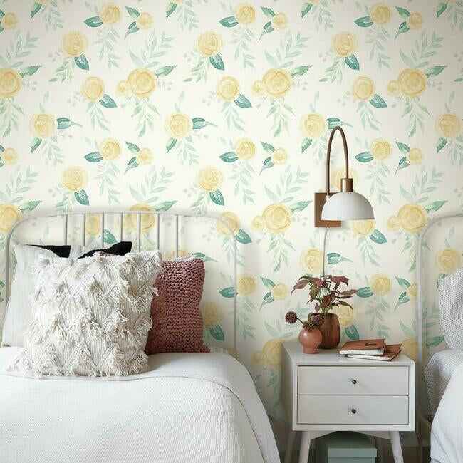 Magnolia Home Watercolor Roses Wallpaper - Goldfinch Yellow