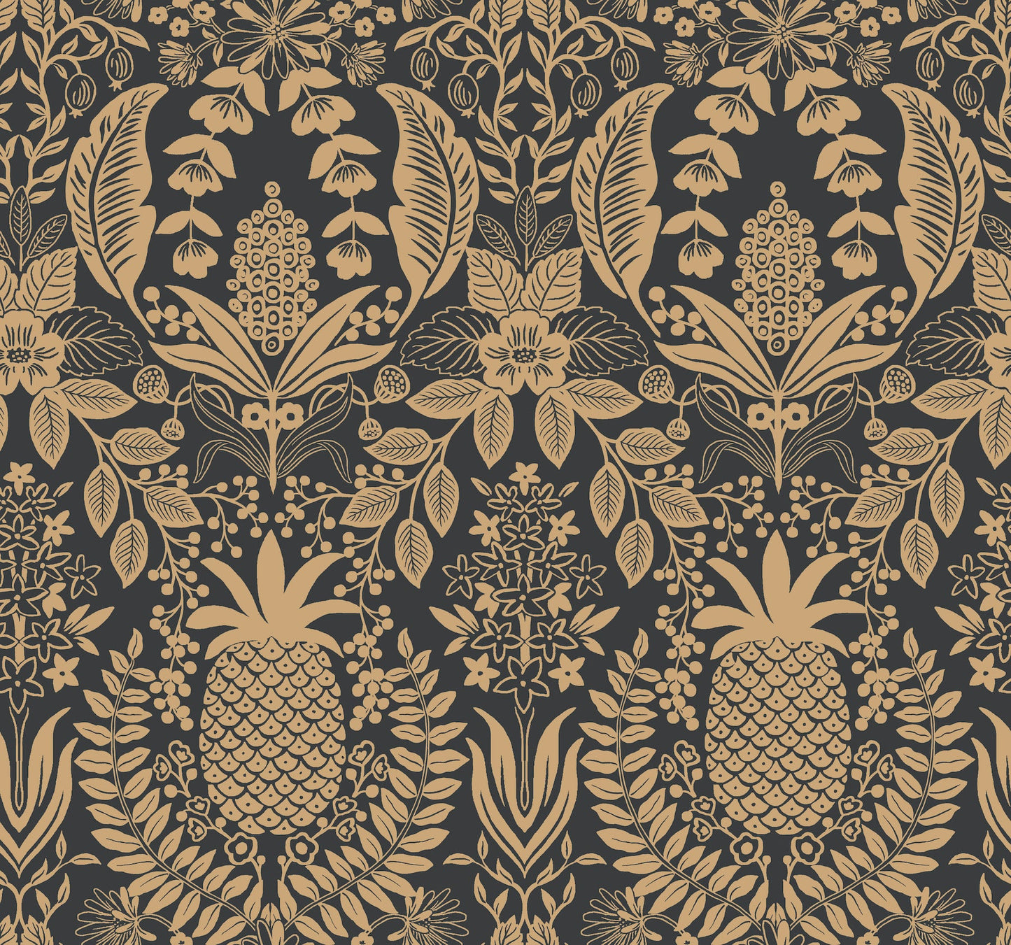 Rifle Paper Co Pineapple Damask Wallpaper - Black & Gold
