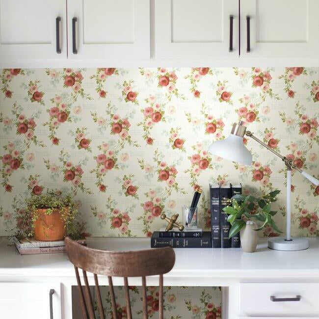 Magnolia Home Heirloom Rose Wallpaper - Coral and Light Blue