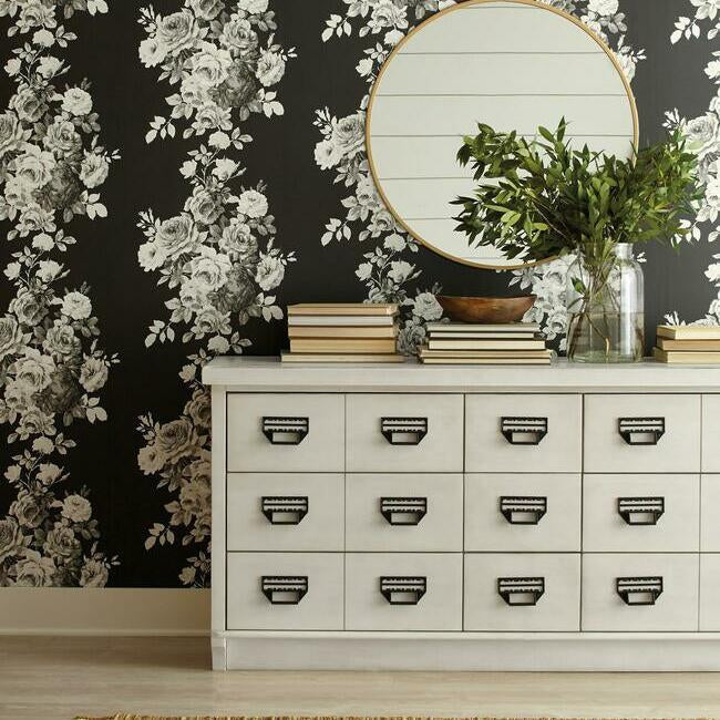 Magnolia Home Tea Rose Wallpaper - Black and Gray