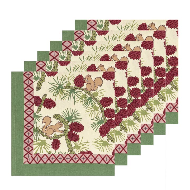 Napkin Set - Squirrel & Pinecone Red/Brown