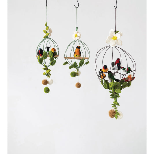 Wool Felt Bird Cage Mobile - Three Birds