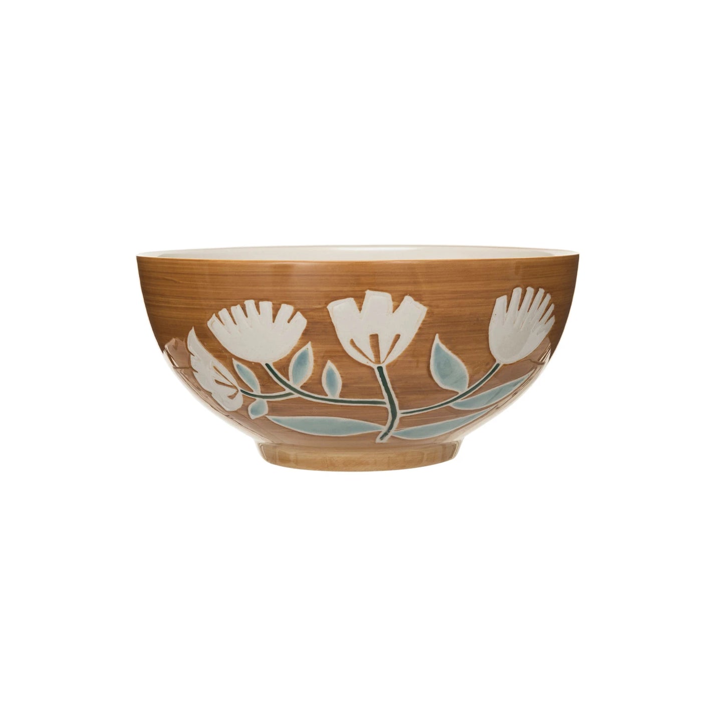 Hand-Painted Cereal Bowl - White Flower, Blue Leaf