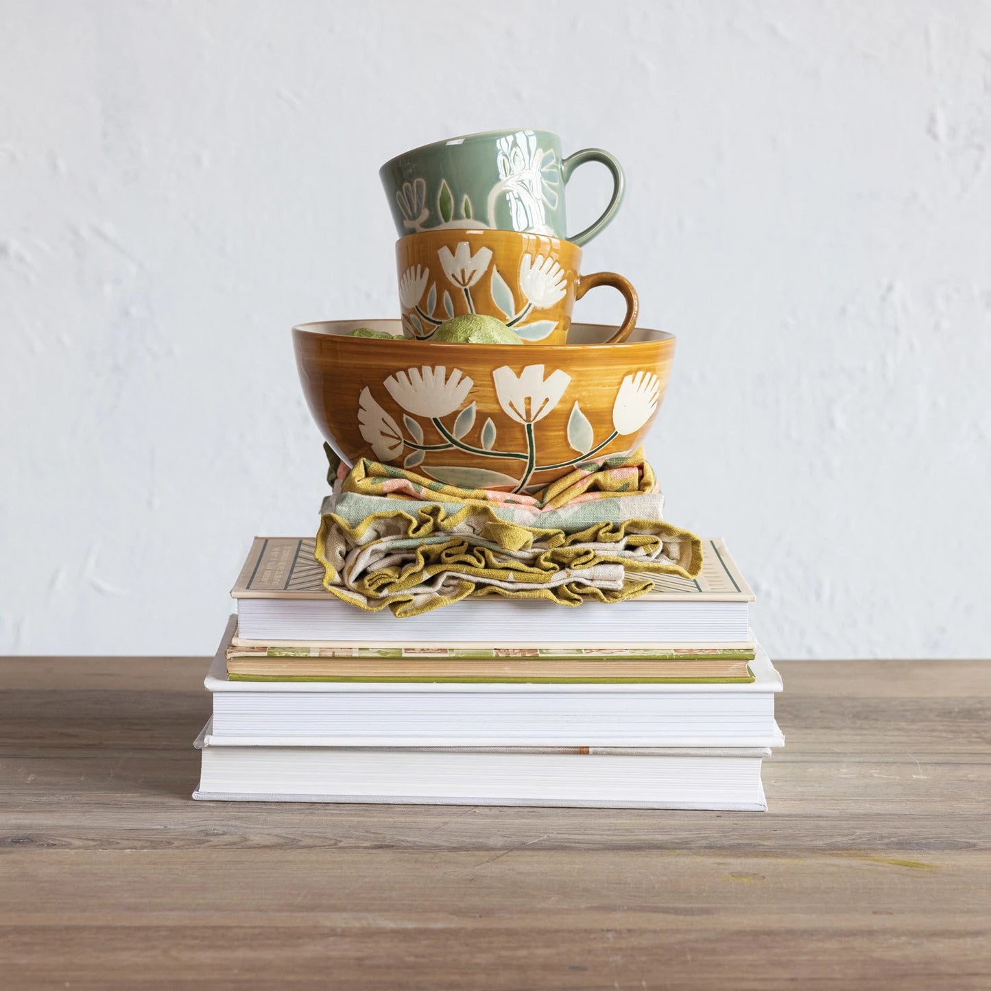 Hand-Painted Cereal Bowl - White Flower, Blue Leaf