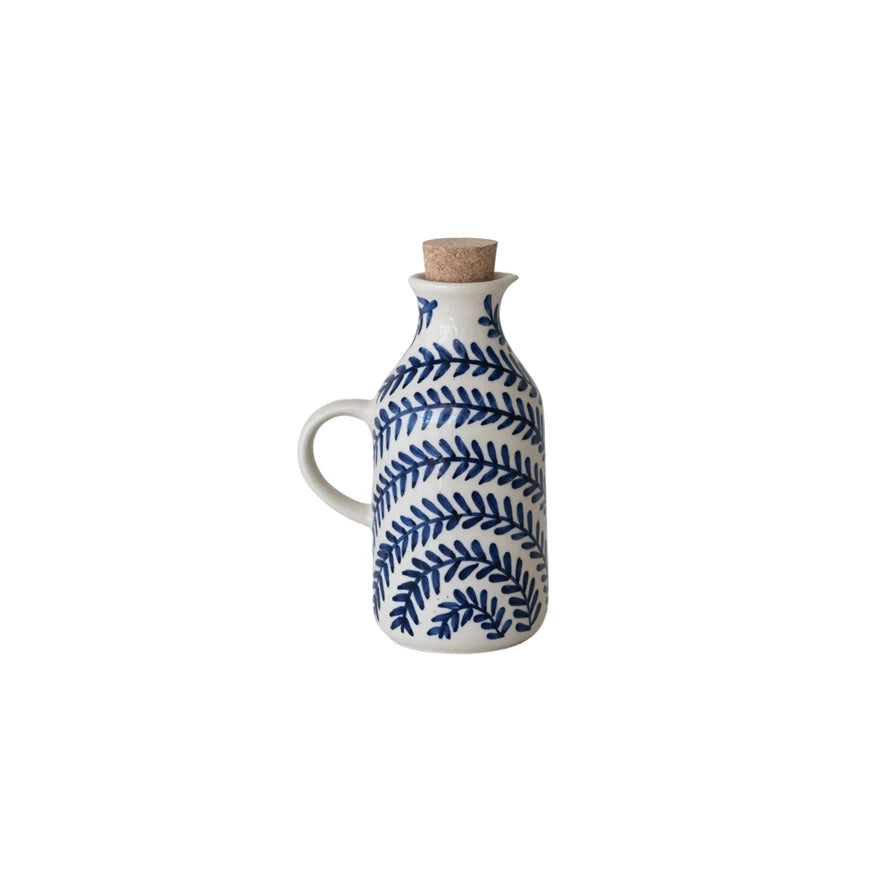 Hand-Painted Stoneware Oil Cruet - Blue Vine