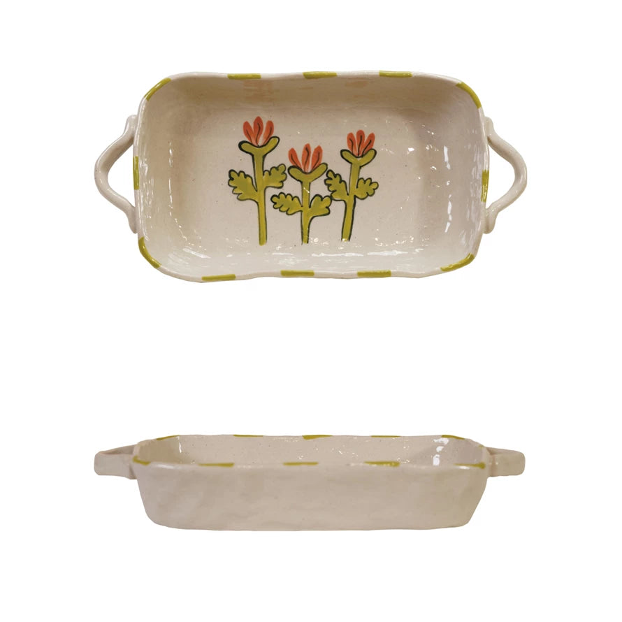 Handled Stoneware Baker - Flowers