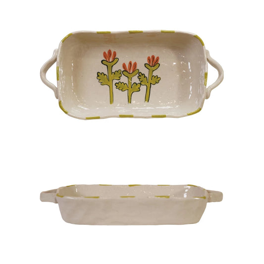 Handled Stoneware Baker - Flowers