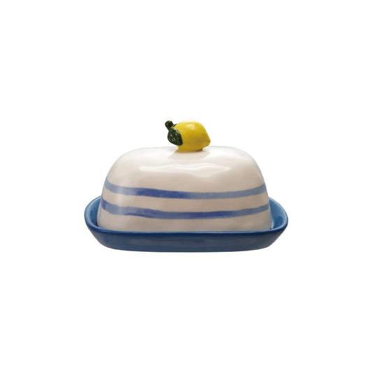 Hand Painted Butter Dish - Lemon & Blue Stripes