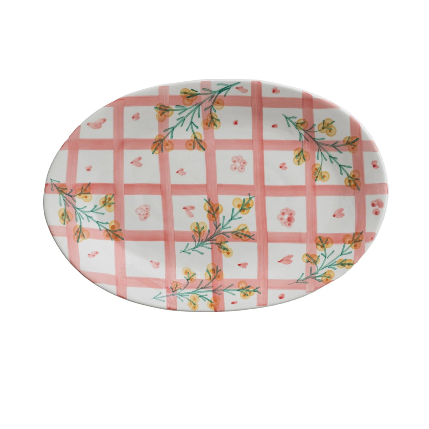 Botanical Grid Pattern Stoneware Platter - Soft Pink