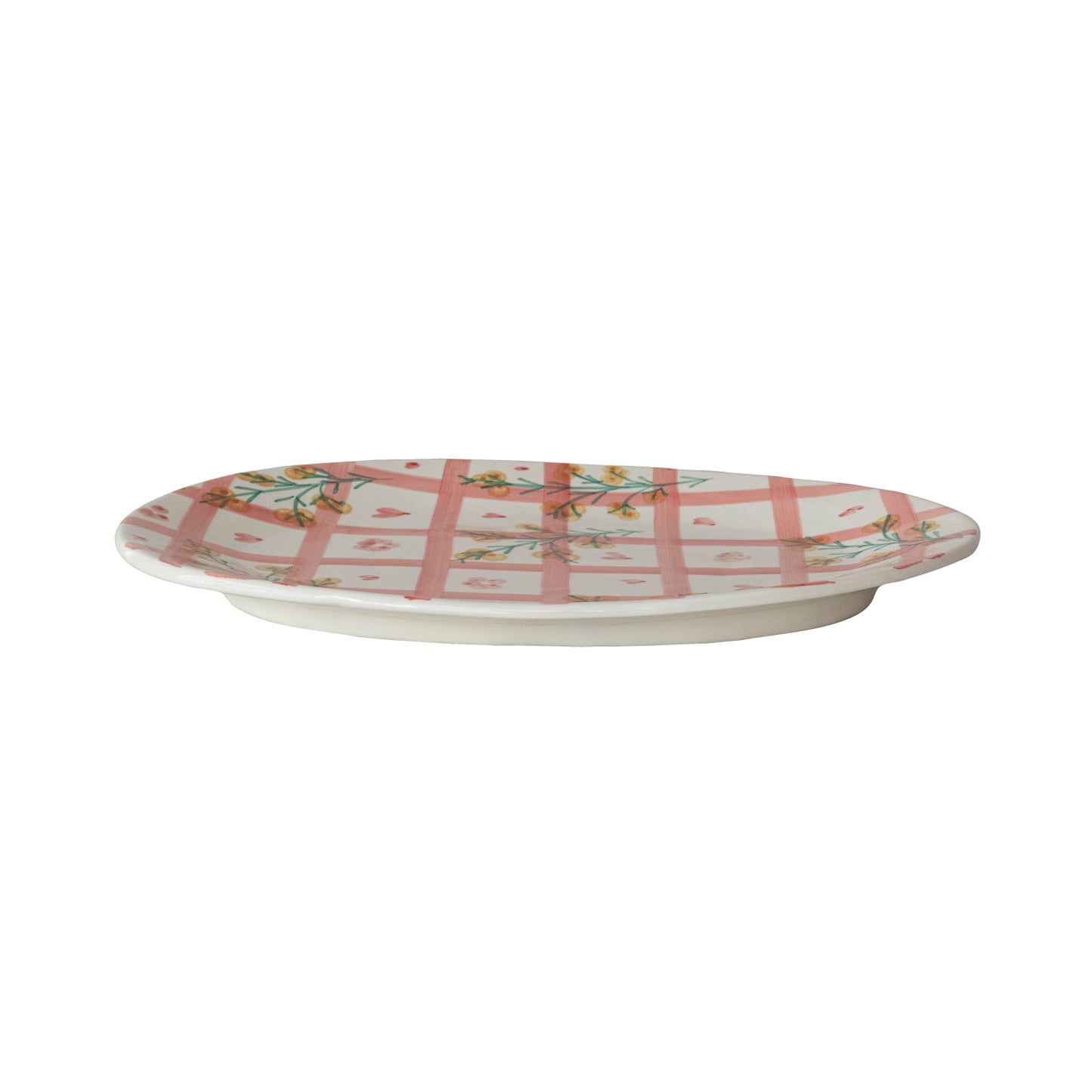 Botanical Grid Pattern Stoneware Platter - Soft Pink
