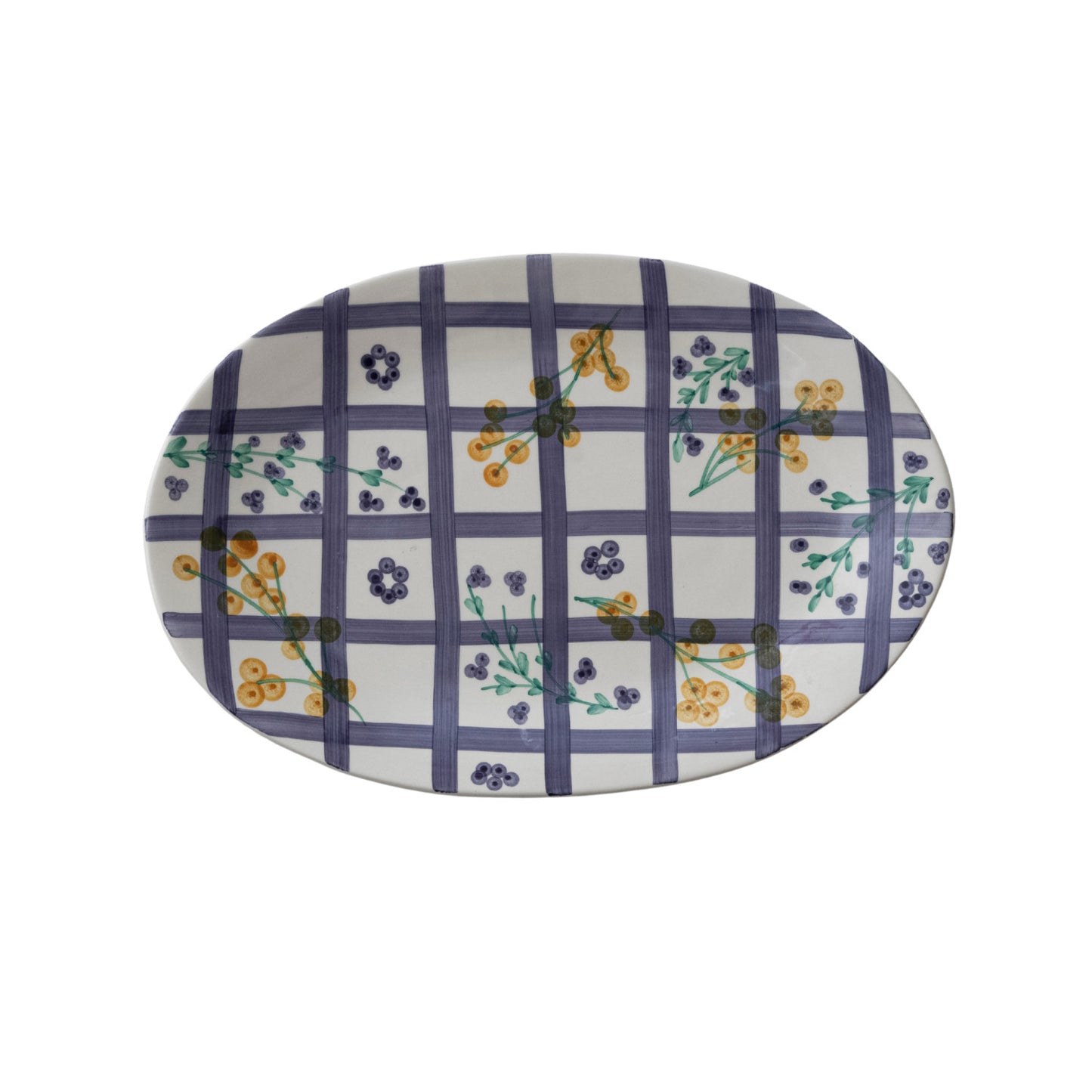 Botanical Grid Pattern Stoneware Platter - Indigo